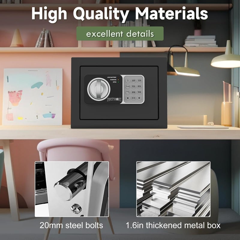 Patron small safe box with key，mini safe for money，small coin safes for home with code，little jewelry lock box for kids，Wall or Cabinet Safe for personal items，0.236 Cubic Feet Black - Image 2